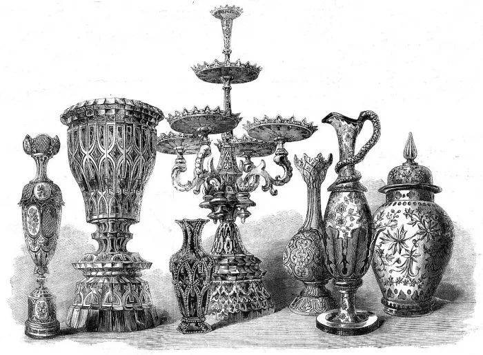 Framed Print : The International Exhibition: Bohemian glass, by Harrach and Hofmann, in the Austrian Court, 1862. Creator: Unknown Framed Print : The International Exhibition: Bohemian glass, by Harrach and Hofmann, in the Austrian Court, 1862. Creator: Unknown