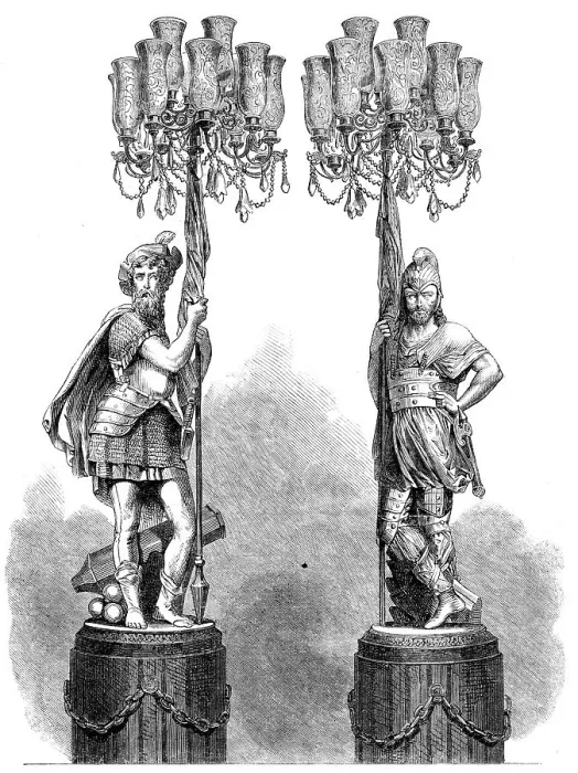 Framed Print : The International Exhibition: figures bearing candelabra, in the French Court... 1862. Creator: Unknown Framed Print : The International Exhibition: figures bearing candelabra, in the French Court... 1862. Creator: Unknown