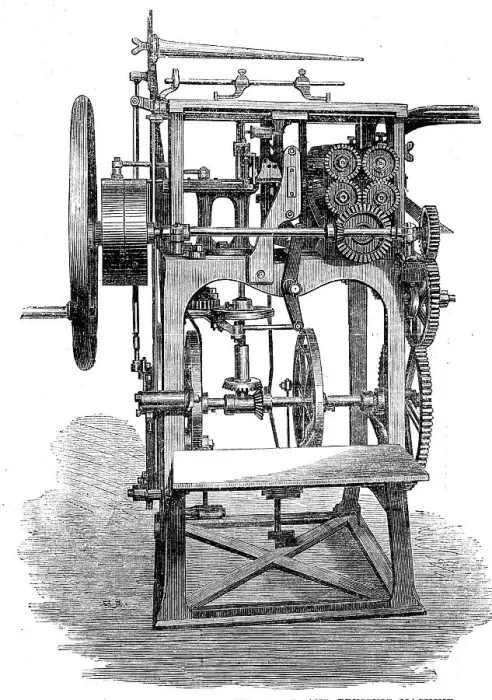 Framed Print : The International Exhibition: Gruner's patent folding, stitching and pressing machine, 1862. Creator: Unknown Framed Print : The International Exhibition: Gruner's patent folding, stitching and pressing machine, 1862. Creator: Unknown