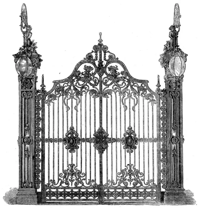 Framed Print : The International Exhibition - ornamental iron gates in the Hardware Court... 1862. Creator: Unknown Framed Print : The International Exhibition - ornamental iron gates in the Hardware Court... 1862. Creator: Unknown
