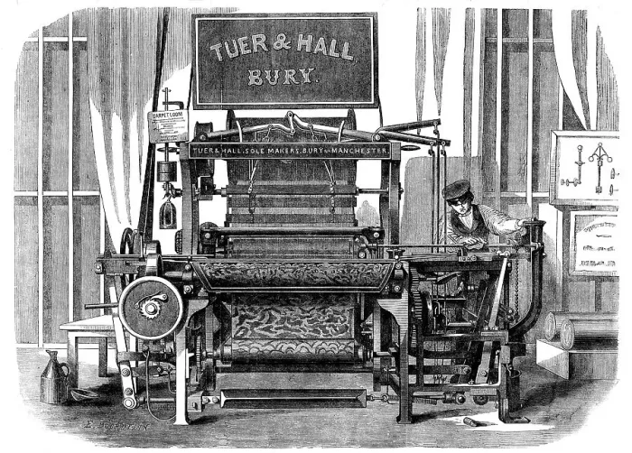 Framed Print : The International Exhibition: Tuer and Hall's power-loom for weaving carpets... 1862. Creator: E Bourdelin Framed Print : The International Exhibition: Tuer and Hall's power-loom for weaving carpets... 1862. Creator: E Bourdelin