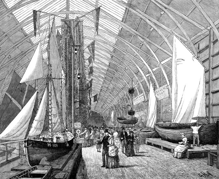 Framed Print : The International Fisheries Exhibition: boats and nets in the British Sea Fisheries Gallery, 1883. Creator: John Greenaway