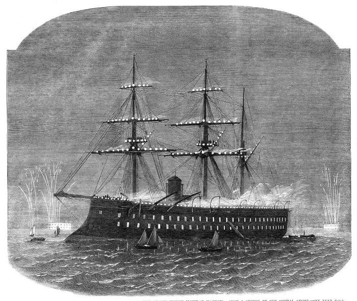 Framed Print : The International Naval Festival at Cherbourg: illumination of the French ironclad Magenta, 1865. Creator: Unknown Framed Print : The International Naval Festival at Cherbourg: illumination of the French ironclad Magenta, 1865. Creator: Unknown
