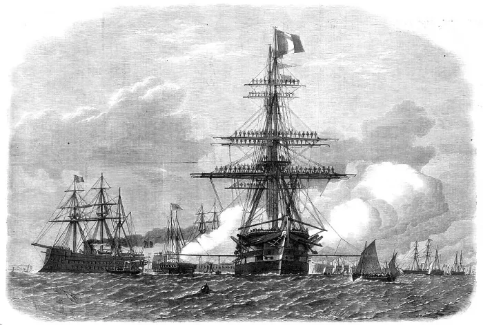 Framed Print : The International Naval Festival at Portsmouth: the British Admiral's flagship...salute... 1865. Creator: Unknown Framed Print : The International Naval Festival at Portsmouth: the British Admiral's flagship...salute... 1865. Creator: Unknown