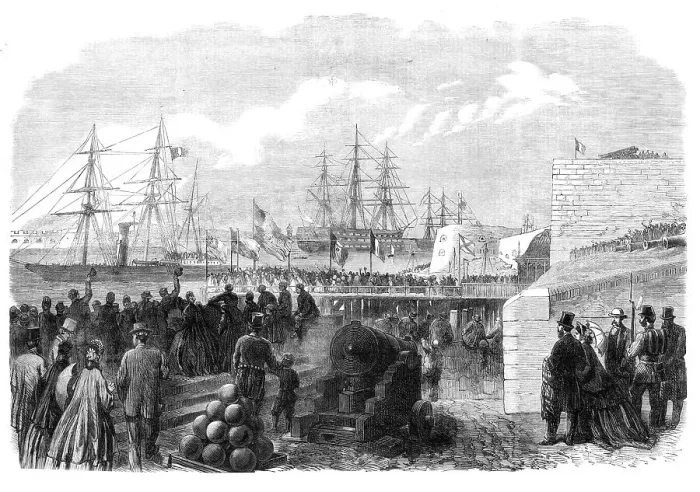 Framed Print : The International Naval Festival at Portsmouth: the Reine Hortense leaving Portsmouth Harbour, 1865. Creator: Unknown Framed Print : The International Naval Festival at Portsmouth: the Reine Hortense leaving Portsmouth Harbour, 1865. Creator: Unknown