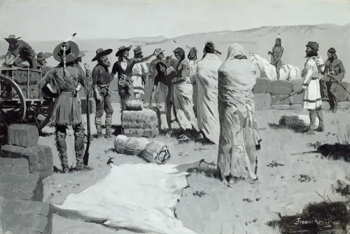 Framed Print : The Interpreter Waved at the Youth, c. 1900. Creator: Frederic Remington Framed Print : The Interpreter Waved at the Youth, c. 1900. Creator: Frederic Remington