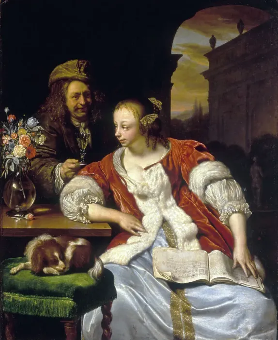 Framed Print : The interrupted song: portrait of the artist and his wife, 1671. Creator: Frans van Mieris Framed Print : The interrupted song: portrait of the artist and his wife, 1671. Creator: Frans van Mieris