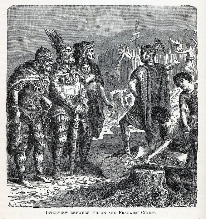 Framed Print : Interview between Julian and Frankish Chiefs, 1882. Artist: Leutemann, Gottlob Heinrich (1824-1905) Framed Print : Interview between Julian and Frankish Chiefs, 1882. Artist: Leutemann, Gottlob Heinrich (1824-1905)