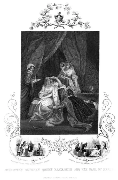 Framed Print : Interview between Queen Elizabeth and the Earl of Essex, 19th century. Artist: J Rogers Framed Print : Interview between Queen Elizabeth and the Earl of Essex, 19th century. Artist: J Rogers