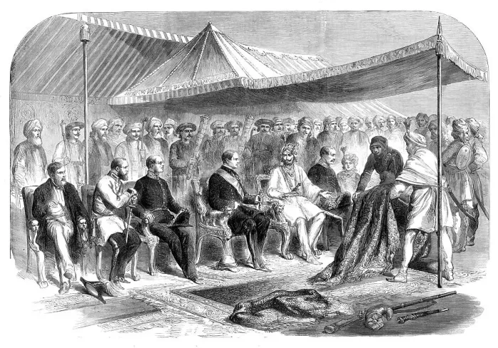 Framed Print : Interview at Sealkote, on the 9th March, between the Maharajah Runjeet Singh of Cashmere... 1860. Creator: Unknown Framed Print : Interview at Sealkote, on the 9th March, between the Maharajah Runjeet Singh of Cashmere... 1860. Creator: Unknown