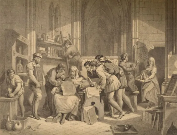 Framed Print : Introduction of the Art of Printing, 1886. Artist: W Ridgway Framed Print : Introduction of the Art of Printing, 1886. Artist: W Ridgway