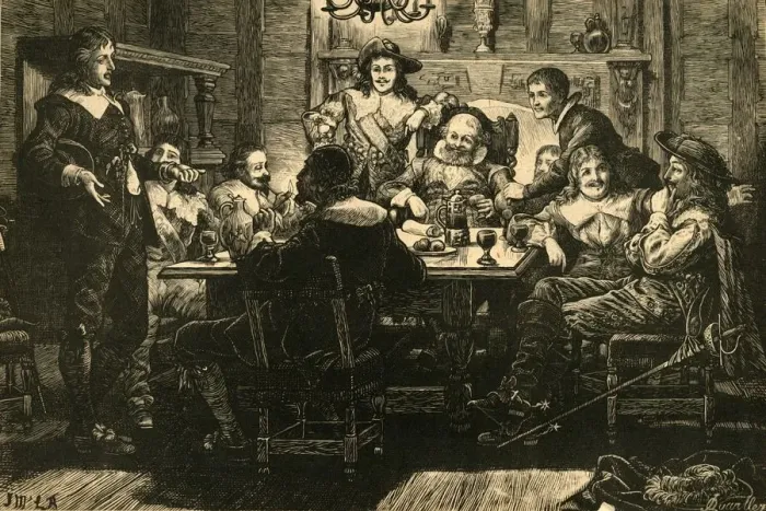 Framed Print : Introduction of Randolph to Ben Jonson at the Devil Tavern, (1897). Creator: Unknown Framed Print : Introduction of Randolph to Ben Jonson at the Devil Tavern, (1897). Creator: Unknown