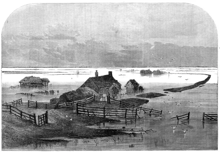 Framed Print : The Inundation in the Fens: scene from the drain bank, above the Coffer Dam, 1862. Creator: Unknown Framed Print : The Inundation in the Fens: scene from the drain bank, above the Coffer Dam, 1862. Creator: Unknown