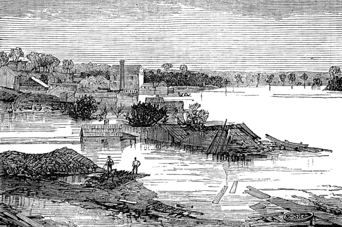 Framed Print : Inundations in the United States: Cumberland River, looking up stream, from Clarksville, 1874. Creator: Unknown Framed Print : Inundations in the United States: Cumberland River, looking up stream, from Clarksville, 1874. Creator: Unknown