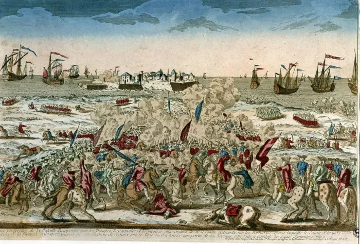 Framed Print : Invasion of Portugal. (1762). Taking of Salvatierra on September 16, 1762, colored engraving Framed Print : Invasion of Portugal. (1762). Taking of Salvatierra on September 16, 1762, colored engraving