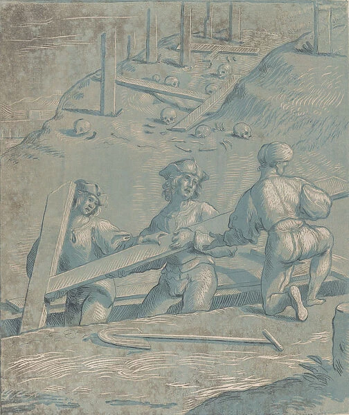 The invention of the cross; three men lifting a cross from a trench; from Recueil