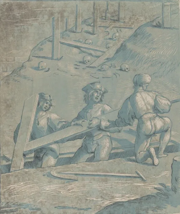 Framed Print : The invention of the cross; three men lifting a cross from a trench; from Recueil Framed Print : The invention of the cross; three men lifting a cross from a trench; from Recueil
