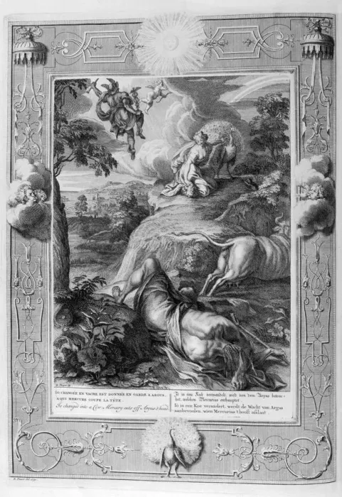 Framed Print : Io changed into a cow: Mercury cuts off Argus head, 1733. Artist: Bernard Picart Framed Print : Io changed into a cow: Mercury cuts off Argus head, 1733. Artist: Bernard Picart
