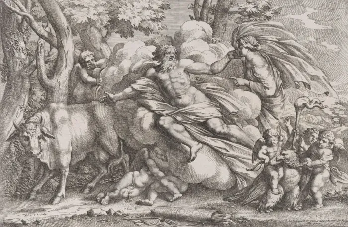 Framed Print : Io at the left as a cow, Jupiter on a cloud in the centre and Juno at the right with pu Framed Print : Io at the left as a cow, Jupiter on a cloud in the centre and Juno at the right with pu