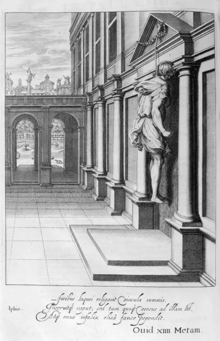 Framed Print : Iphis hangs himself in despair that he could not gain Anaxarete, 1655. Artist: Michel de Marolles Framed Print : Iphis hangs himself in despair that he could not gain Anaxarete, 1655. Artist: Michel de Marolles