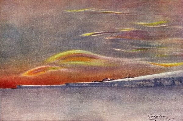 Iridescent Clouds: Looking North from Cape Evans, 1911, (1913). Artist: Edward Wilson