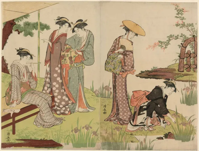 Framed Print : By an Iris Pond, c. 1785. Creator: Torii Kiyonaga Framed Print : By an Iris Pond, c. 1785. Creator: Torii Kiyonaga