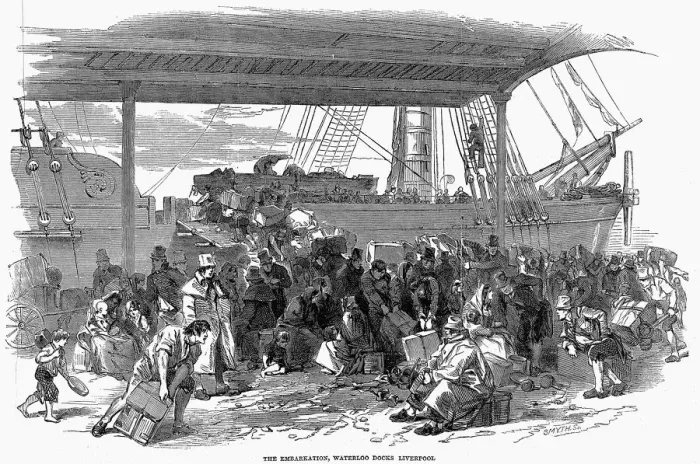 Framed Print : Irish emigrants embarking for America at Waterloo Docks, Liverpool, 1850 Framed Print : Irish emigrants embarking for America at Waterloo Docks, Liverpool, 1850