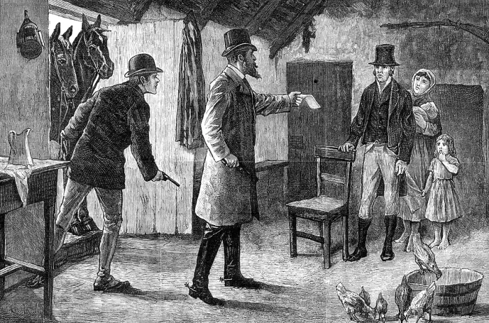 Framed Print : The Irish Land League Agitation: Mr. Walter Burke serving writs on his tenants, 1881. Creator: Unknown Framed Print : The Irish Land League Agitation: Mr. Walter Burke serving writs on his tenants, 1881. Creator: Unknown