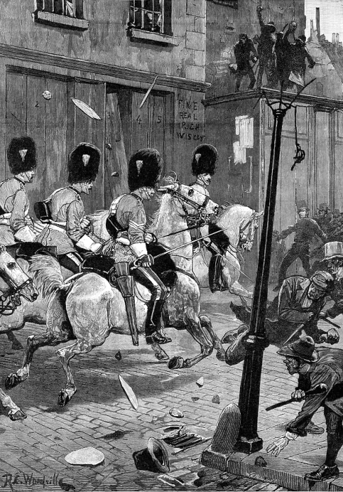 Framed Print : The Irish Land League Agitation: Scots Greys charging the mob at Limerick, 1881. Creator: William James Palmer Framed Print : The Irish Land League Agitation: Scots Greys charging the mob at Limerick, 1881. Creator: William James Palmer
