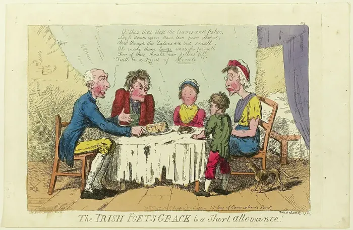 Framed Print : Irish Poets Grace to Short Allowance!, 1805-1810. Creator: Isaac Cruikshank Framed Print : Irish Poets Grace to Short Allowance!, 1805-1810. Creator: Isaac Cruikshank