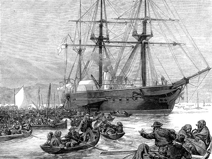 Framed Print : Irish Relief Squadron, under the Duke of Edinburgh - distributing stores...at Kilkerran, 1880. Creator: Unknown Framed Print : Irish Relief Squadron, under the Duke of Edinburgh - distributing stores...at Kilkerran, 1880. Creator: Unknown