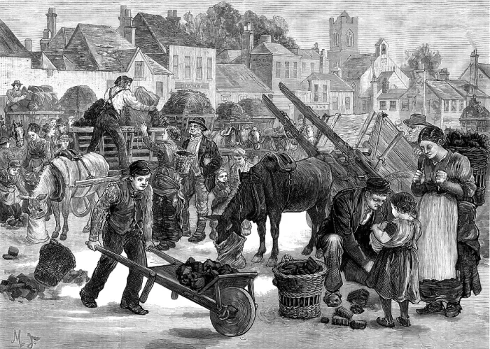 Framed Print : Irish sketches: turf market in the south of Ireland, 1880. Creator: Unknown Framed Print : Irish sketches: turf market in the south of Ireland, 1880. Creator: Unknown