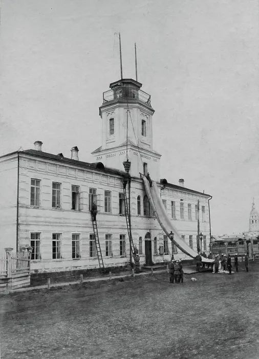Framed Print : Irkutsk police fire brigade. Exercise with a rescue sheet and a rescue basket, 1894. Creator: R Prorokov Framed Print : Irkutsk police fire brigade. Exercise with a rescue sheet and a rescue basket, 1894. Creator: R Prorokov