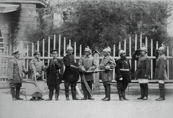 Framed Print : Irkutsk police fire brigade. Uniform: home uniform, fire-work uniform, dress uniform, 1894. Creator: R Prorokov Framed Print : Irkutsk police fire brigade. Uniform: home uniform, fire-work uniform, dress uniform, 1894. Creator: R Prorokov