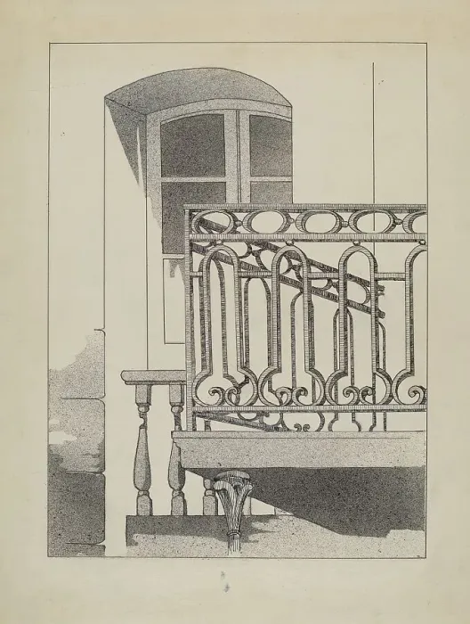 Framed Print : Iron Balcony, c. 1936. Creator: Arelia Arbo Framed Print : Iron Balcony, c. 1936. Creator: Arelia Arbo