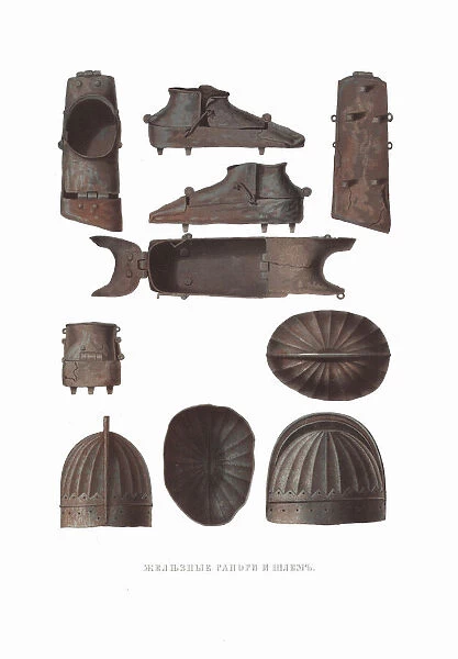 Iron boots and helmet. From the Antiquities of the Russian State, 1849-1853