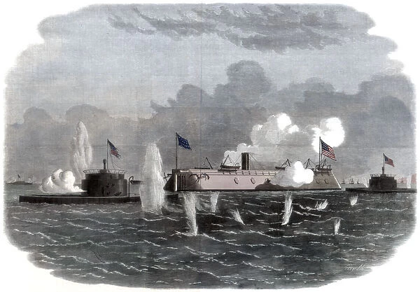 The iron-clad frigate, new ironsides, and two Ericsson batteries going into action at Charleston, 18