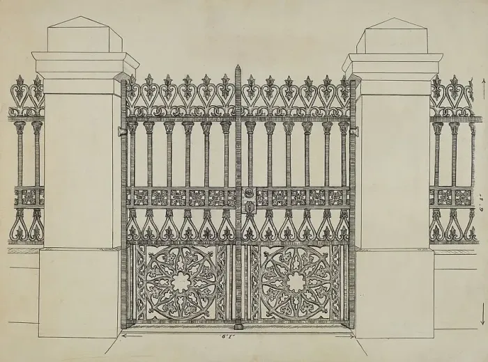 Framed Print : Iron Fence and Gate, c. 1936. Creator: Ray Price Framed Print : Iron Fence and Gate, c. 1936. Creator: Ray Price