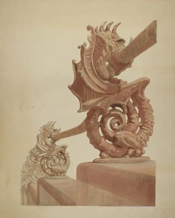Framed Print : Iron Fence - Sea Horse Design, c. 1936. Creator: Carl Hobby Framed Print : Iron Fence - Sea Horse Design, c. 1936. Creator: Carl Hobby