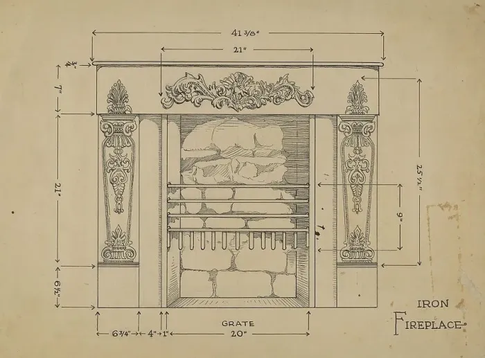 Framed Print : Iron Fireplace, c. 1936. Creator: Thomas Byrne Framed Print : Iron Fireplace, c. 1936. Creator: Thomas Byrne