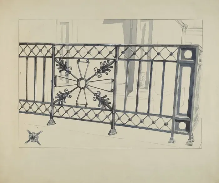 Framed Print : Iron Gate and Fence, c. 1936. Creator: Arelia Arbo Framed Print : Iron Gate and Fence, c. 1936. Creator: Arelia Arbo