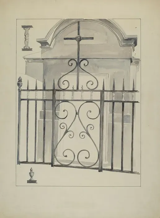 Framed Print : Iron Gate and Fence, c. 1936. Creator: Arelia Arbo Framed Print : Iron Gate and Fence, c. 1936. Creator: Arelia Arbo