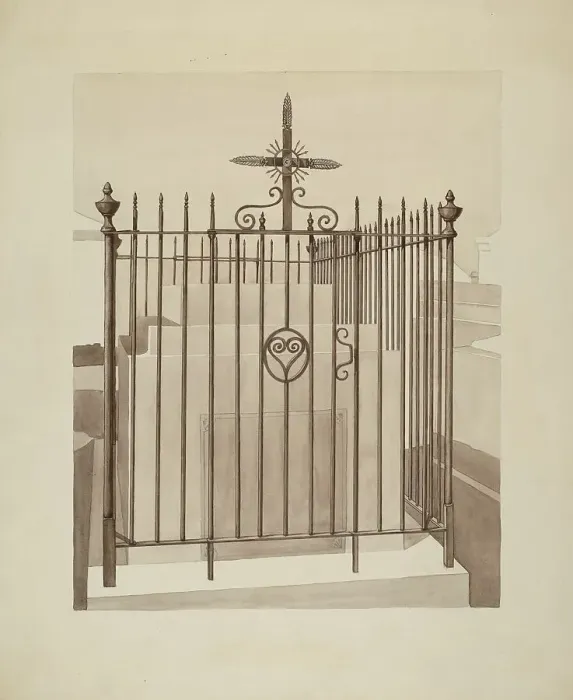 Framed Print : Iron Gate and Fence, c. 1936. Creator: Arelia Arbo Framed Print : Iron Gate and Fence, c. 1936. Creator: Arelia Arbo