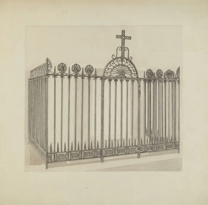 Framed Print : Iron Gate and Fence, c. 1936. Creator: Arelia Arbo Framed Print : Iron Gate and Fence, c. 1936. Creator: Arelia Arbo
