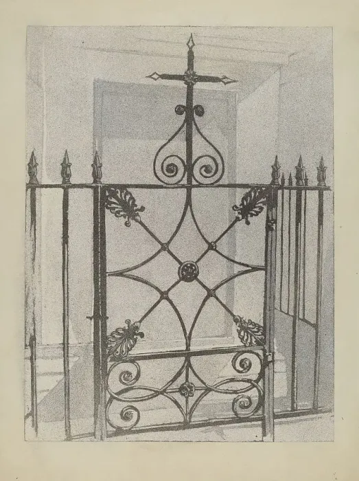 Framed Print : Iron Gate and Fence, c. 1936. Creator: Arelia Arbo Framed Print : Iron Gate and Fence, c. 1936. Creator: Arelia Arbo