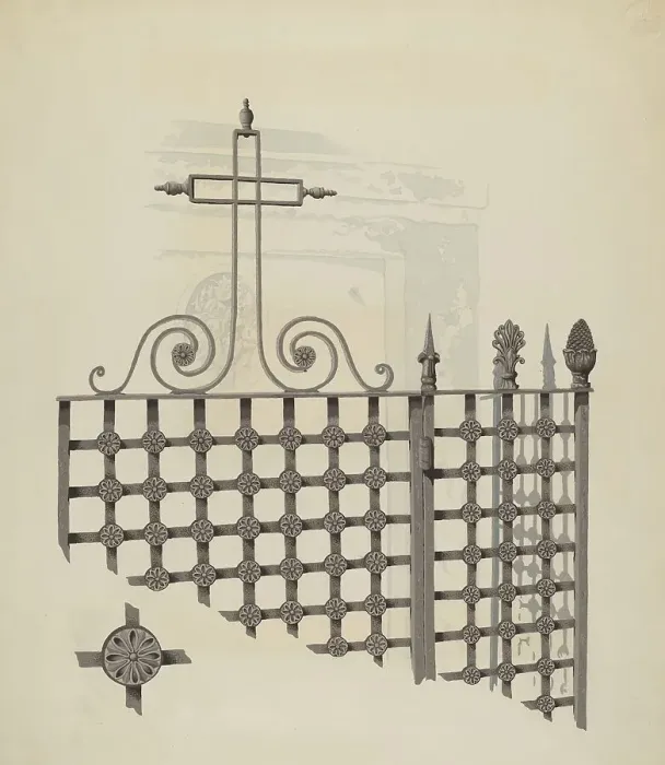 Framed Print : Iron Gate and Fence, c. 1936. Creator: Joseph L. Boyd Framed Print : Iron Gate and Fence, c. 1936. Creator: Joseph L. Boyd
