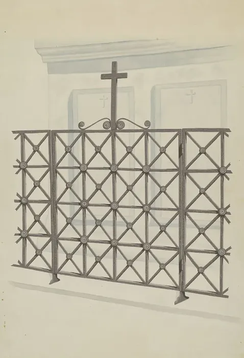 Framed Print : Iron Gate and Fence, c. 1936. Creator: Joseph L. Boyd Framed Print : Iron Gate and Fence, c. 1936. Creator: Joseph L. Boyd
