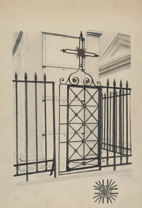 Framed Print : Iron Gate and Fence, c. 1936. Creator: Ray Price Framed Print : Iron Gate and Fence, c. 1936. Creator: Ray Price