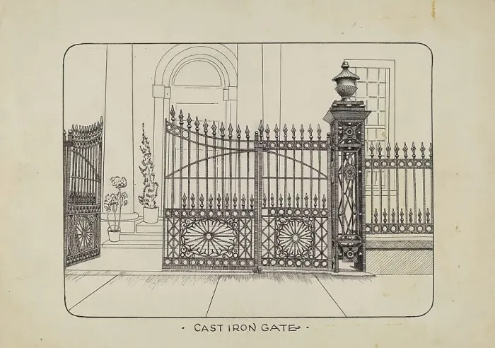 Framed Print : Iron Gate and Fence, c. 1936. Creator: Ray Price Framed Print : Iron Gate and Fence, c. 1936. Creator: Ray Price