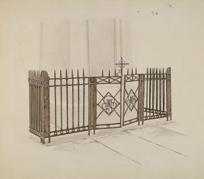 Framed Print : Iron Gate and Fence, c. 1937. Creator: Ray Price Framed Print : Iron Gate and Fence, c. 1937. Creator: Ray Price